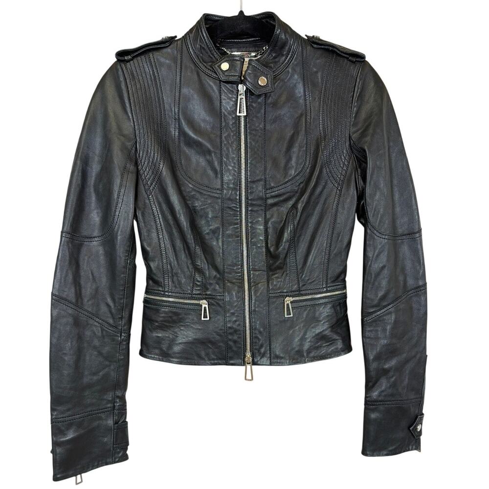 Karen Millen England Black Leather Moto Jacket Zip Pocket Collar Snap 4